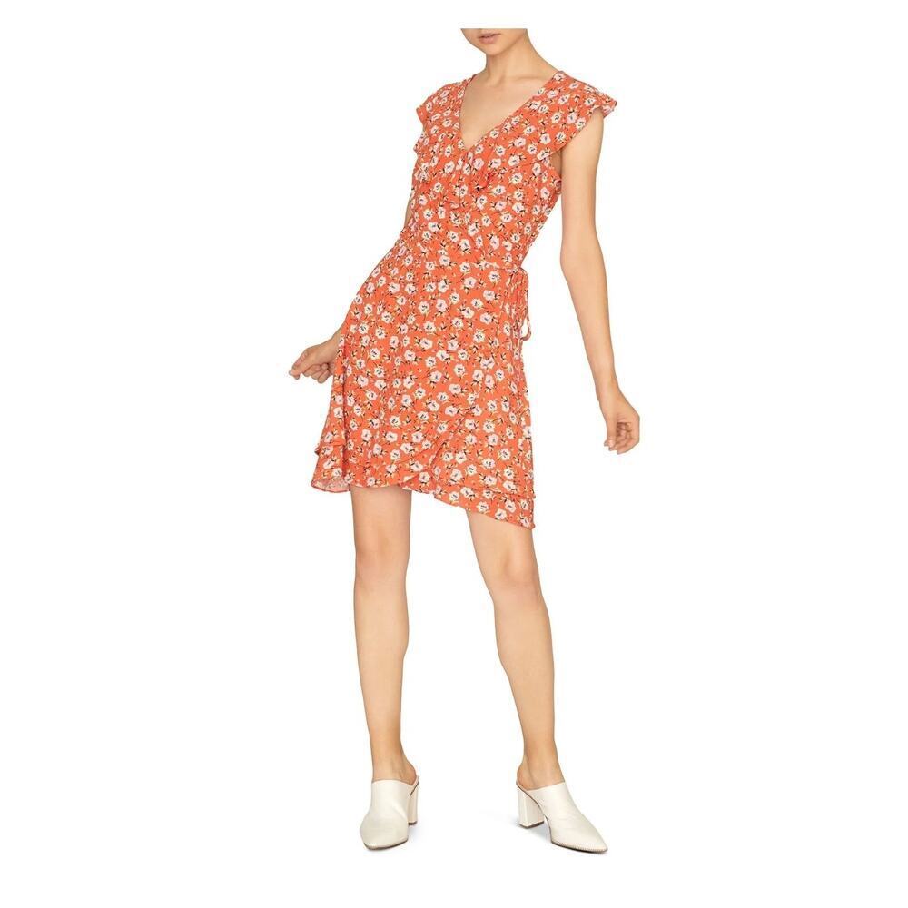 SANCTUARY Womens‎ Orange Ruffled Side Tie Floral Cap Sleeve V Neck Wrap Dress M